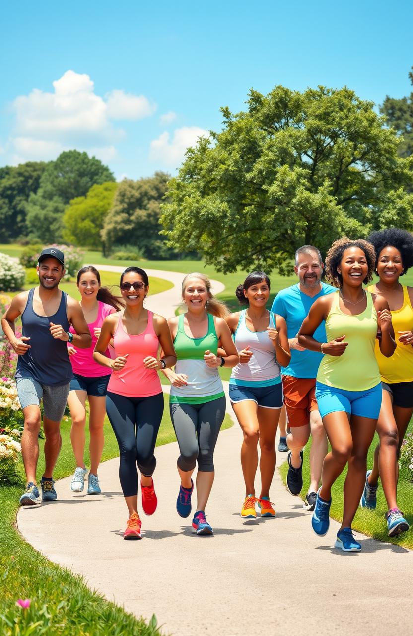 A vibrant outdoor scene depicting a diverse group of individuals jogging together in a scenic park