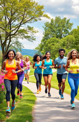 A vibrant outdoor scene depicting a diverse group of individuals jogging together in a scenic park