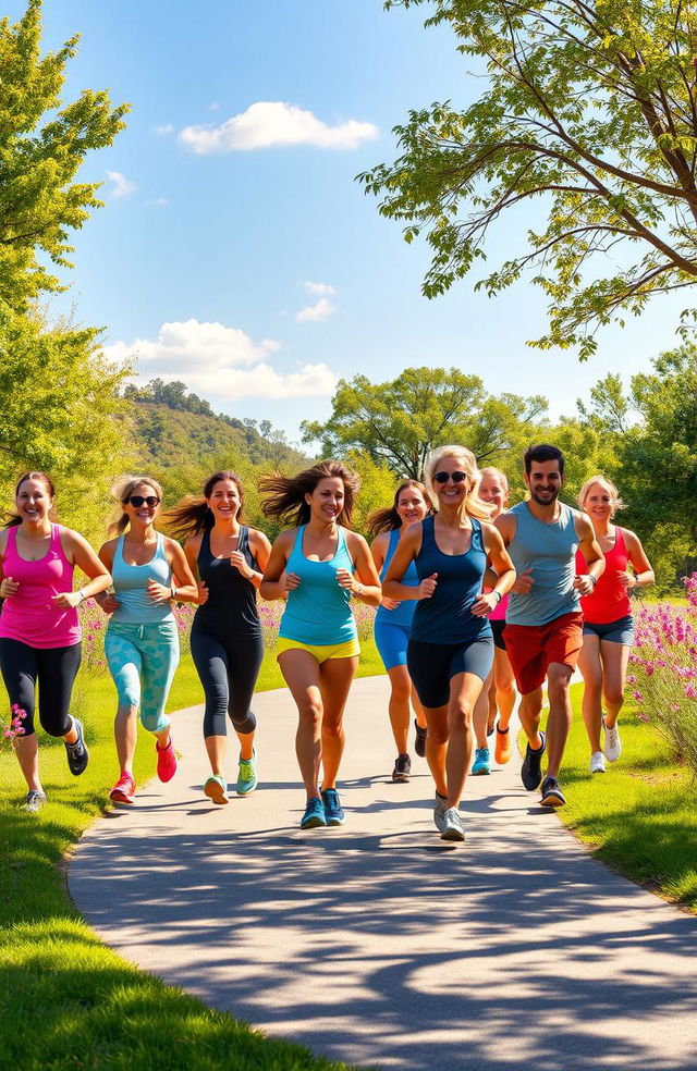 A vibrant outdoor scene depicting a diverse group of individuals jogging together in a scenic park