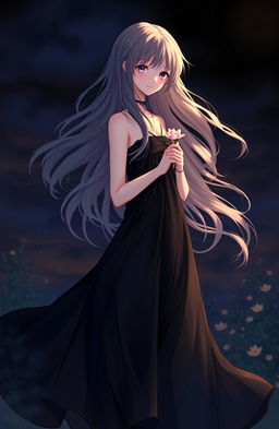 A serene scene featuring a girl with a captivating presence, dressed in a flowing black dress that contrasts beautifully with her surroundings