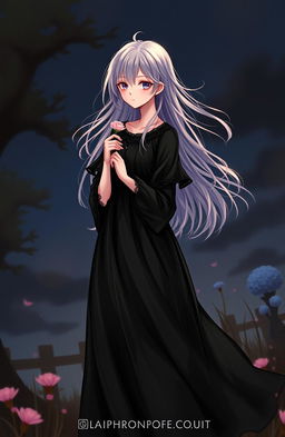A serene scene featuring a girl with a captivating presence, dressed in a flowing black dress that contrasts beautifully with her surroundings