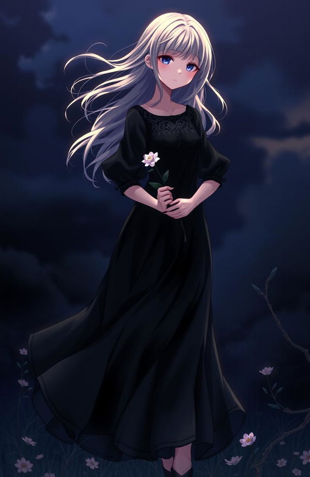 A serene scene featuring a girl with a captivating presence, dressed in a flowing black dress that contrasts beautifully with her surroundings