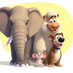An animated scene depicting three animals side by side: a large elephant, a massive dog, and a tiny mouse