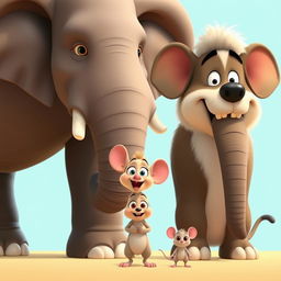 An animated scene depicting three animals side by side: a large elephant, a massive dog, and a tiny mouse