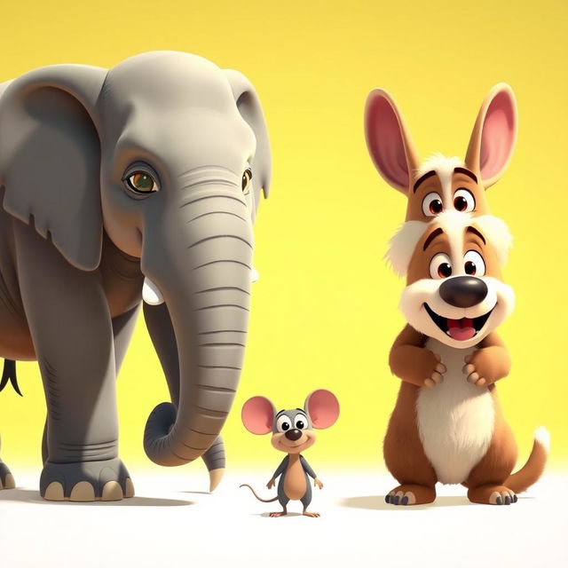 An animated scene depicting three animals side by side: a large elephant, a massive dog, and a tiny mouse