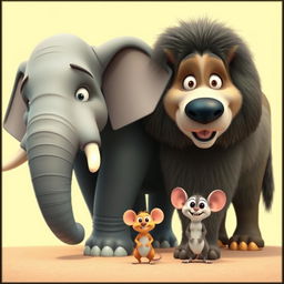 An animated scene depicting three animals side by side: a large elephant, a massive dog, and a tiny mouse