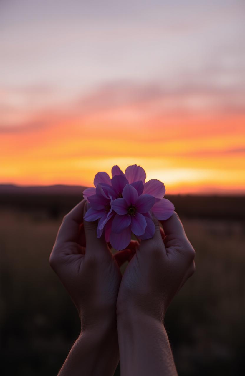 A serene scene capturing a person holding a beautiful flower against the backdrop of a stunning sunset