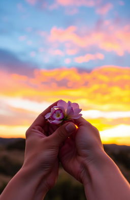 A serene scene capturing a person holding a beautiful flower against the backdrop of a stunning sunset
