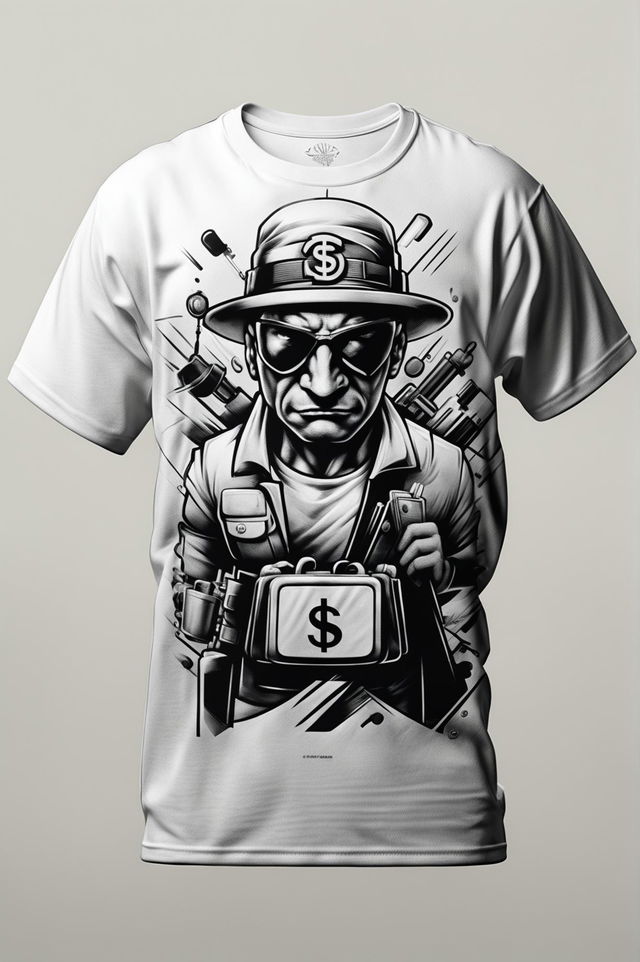 A high-quality 3D rendered image of a black and white graphic tee featuring a minimalist design of a classic bank robber