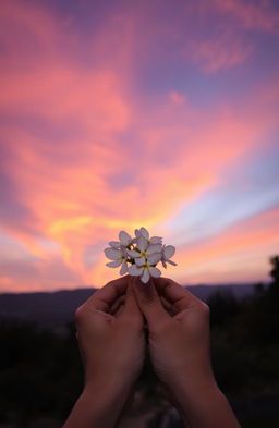 A serene scene capturing a person holding a beautiful flower against the backdrop of a stunning sunset