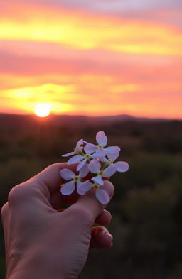 A serene scene capturing a person holding a beautiful flower against the backdrop of a stunning sunset
