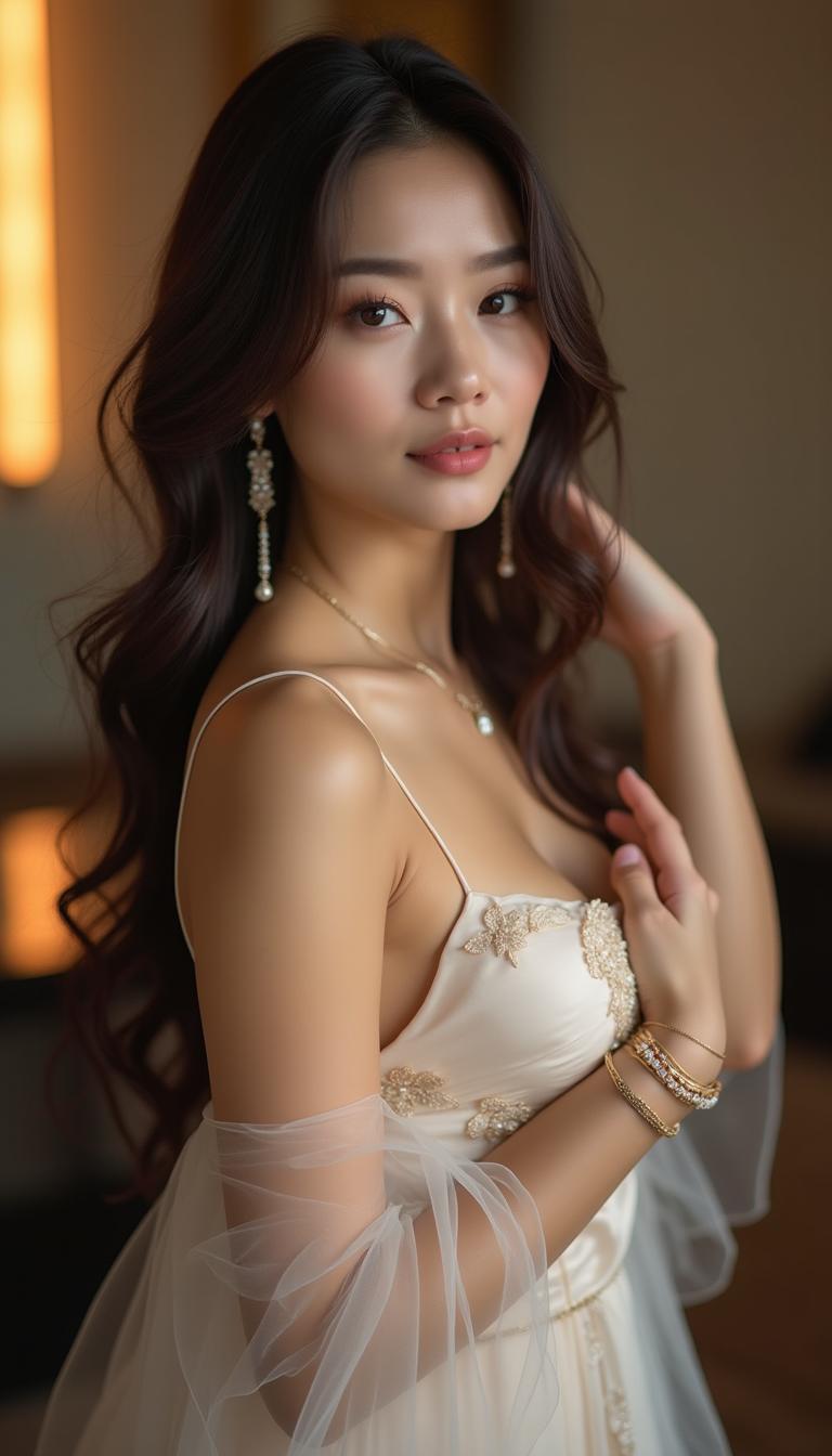 A beautiful Asian woman in an elegant pose, showcasing her graceful curves