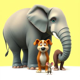 A charming scene depicting three animals side by side: a gigantic elephant, a big dog, and a small mouse