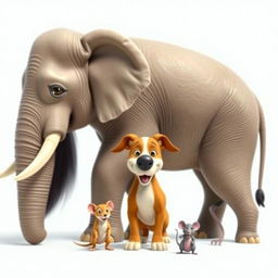 A charming scene depicting three animals side by side: a gigantic elephant, a big dog, and a small mouse