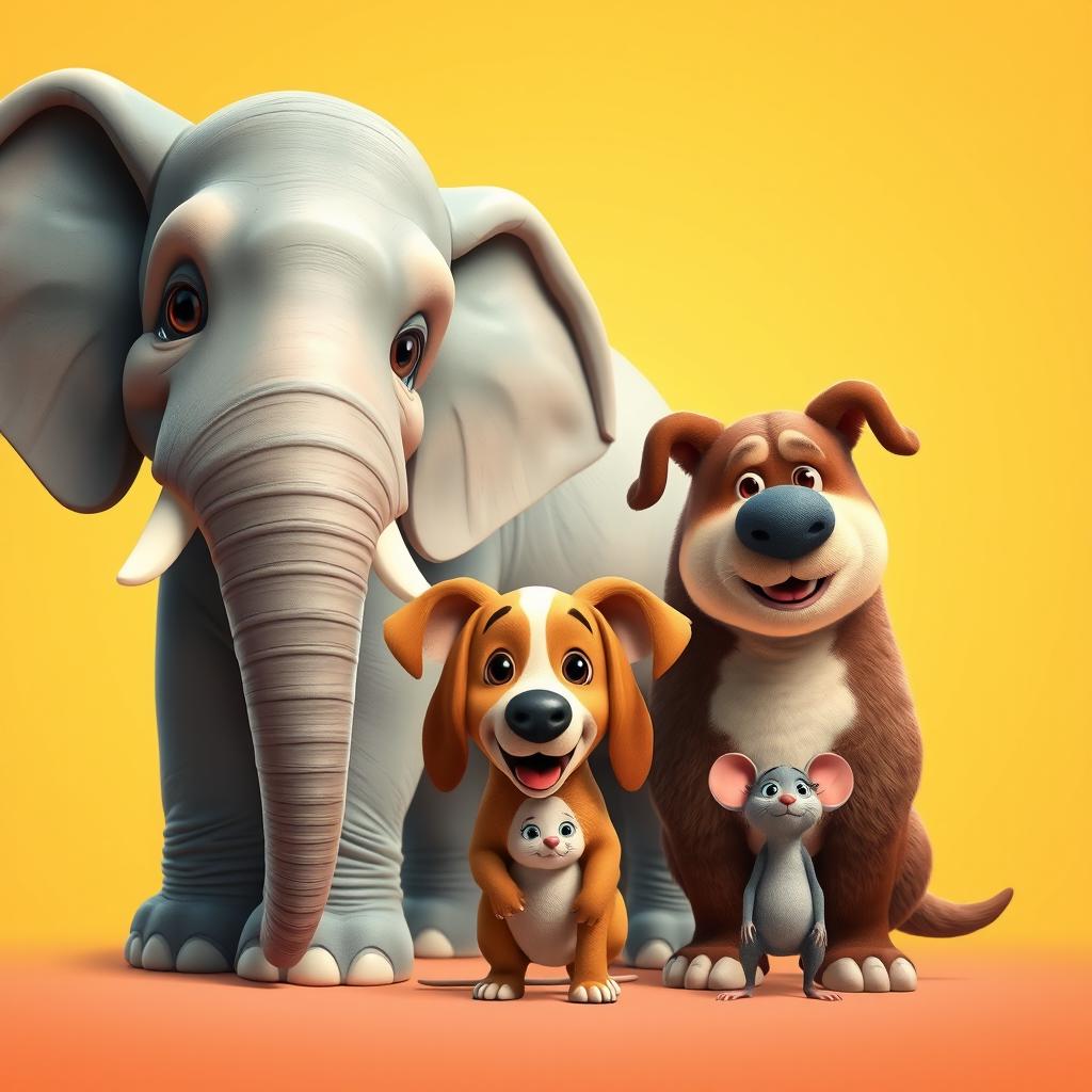 A charming scene depicting three animals side by side: a gigantic elephant, a big dog, and a small mouse