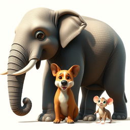 A charming scene depicting three animals side by side: a gigantic elephant, a big dog, and a small mouse