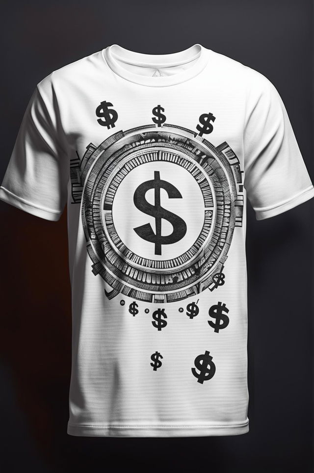 A high-quality 3D rendered image of a black and white graphic tee adorned with bold, black dollar signs