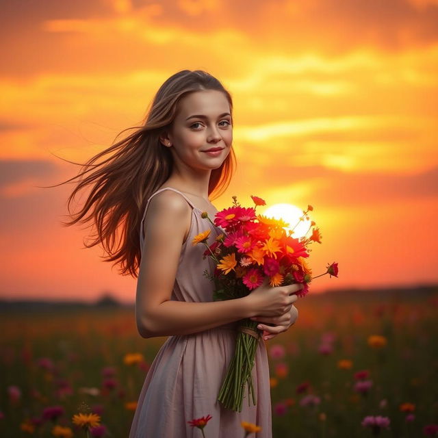 A beautiful girl standing gracefully at sunset, holding a vibrant bouquet of flowers in her hands