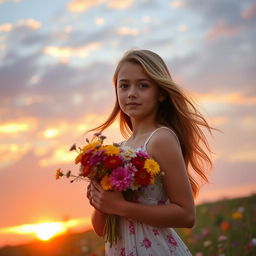 A beautiful girl standing gracefully at sunset, holding a vibrant bouquet of flowers in her hands