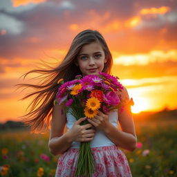 A beautiful girl standing gracefully at sunset, holding a vibrant bouquet of flowers in her hands