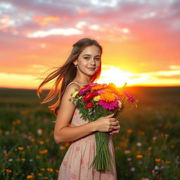 A beautiful girl standing gracefully at sunset, holding a vibrant bouquet of flowers in her hands