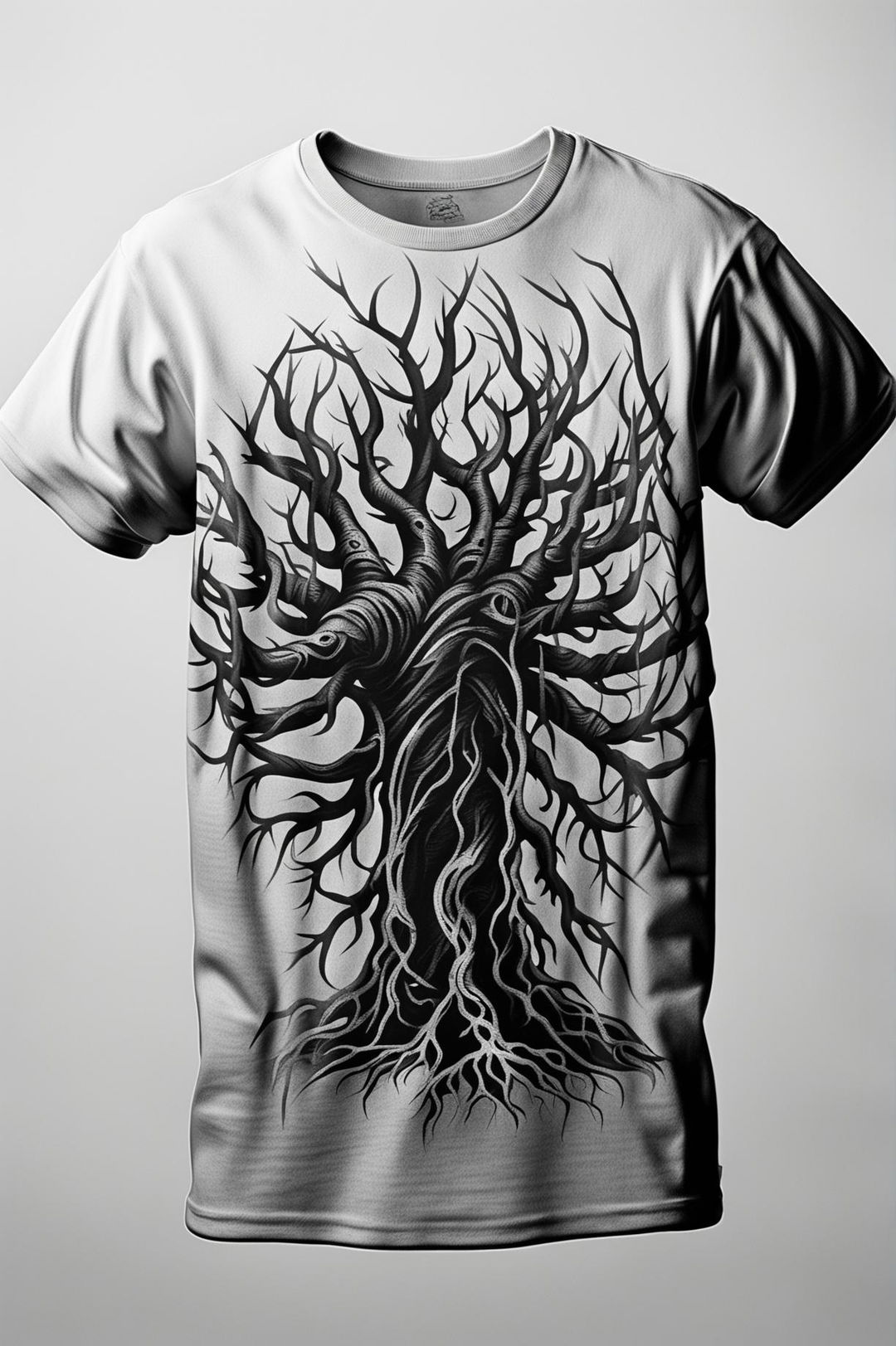 A high-quality 3D rendered image of a black and white graphic tee featuring a scary tree outline