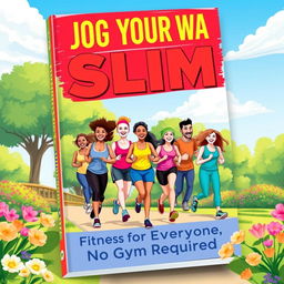 An energetic and engaging book cover design for 'Jog Your Way Slim: Fitness for Everyone, No Gym Required'