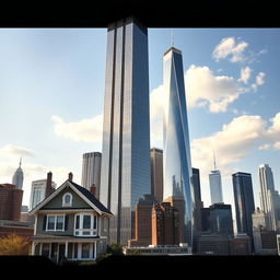 A striking cityscape illustrating a progression of structures: a tall house, a taller building, and a towering skyscraper