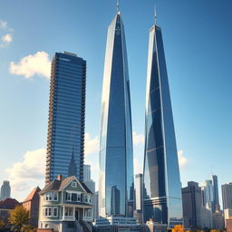 A striking cityscape illustrating a progression of structures: a tall house, a taller building, and a towering skyscraper