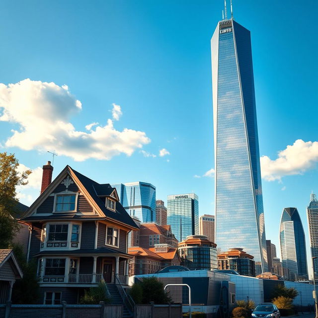 A striking cityscape illustrating a progression of structures: a tall house, a taller building, and a towering skyscraper