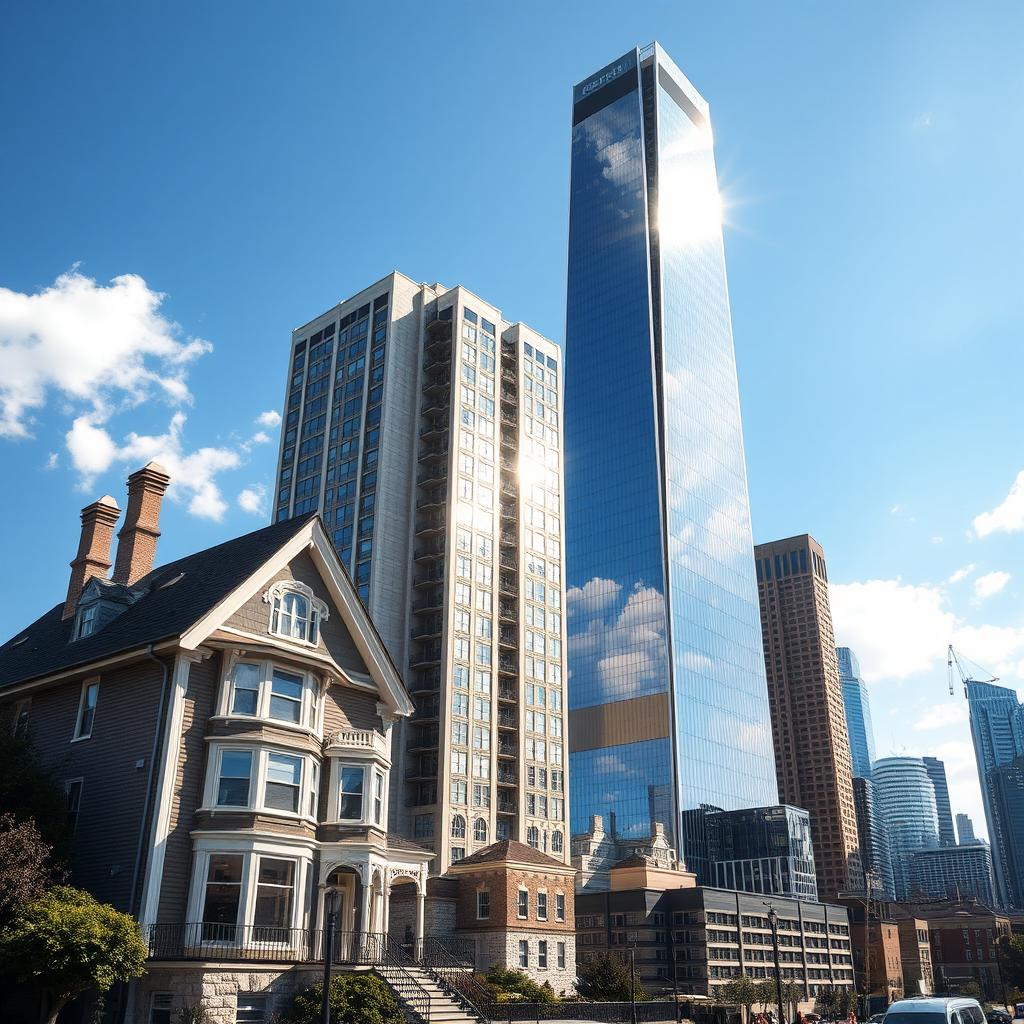 A striking cityscape illustrating a progression of structures: a tall house, a taller building, and a towering skyscraper