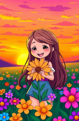 A vibrant and colorful sunset scene featuring a cartoon girl with long flowing hair standing in a field of flowers