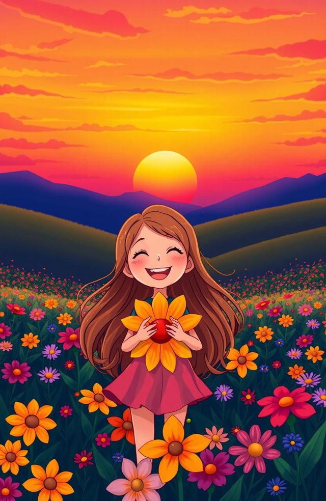 A vibrant and colorful sunset scene featuring a cartoon girl with long flowing hair standing in a field of flowers