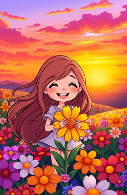 A vibrant and colorful sunset scene featuring a cartoon girl with long flowing hair standing in a field of flowers