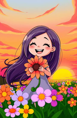 A vibrant and colorful sunset scene featuring a cartoon girl with long flowing hair standing in a field of flowers