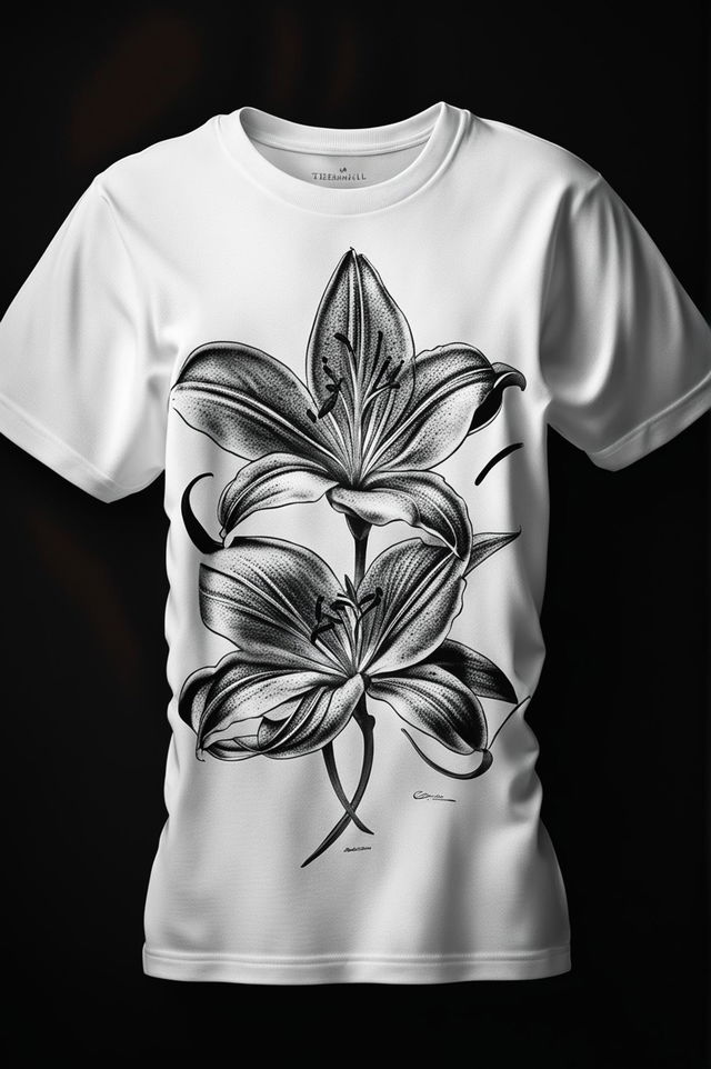 A high-quality 3D rendered image of a black and white graphic tee featuring a minimalist design of a lily