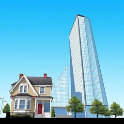 An architectural illustration featuring a tall house, a taller building, and the tallest skyscraper, all standing side by side