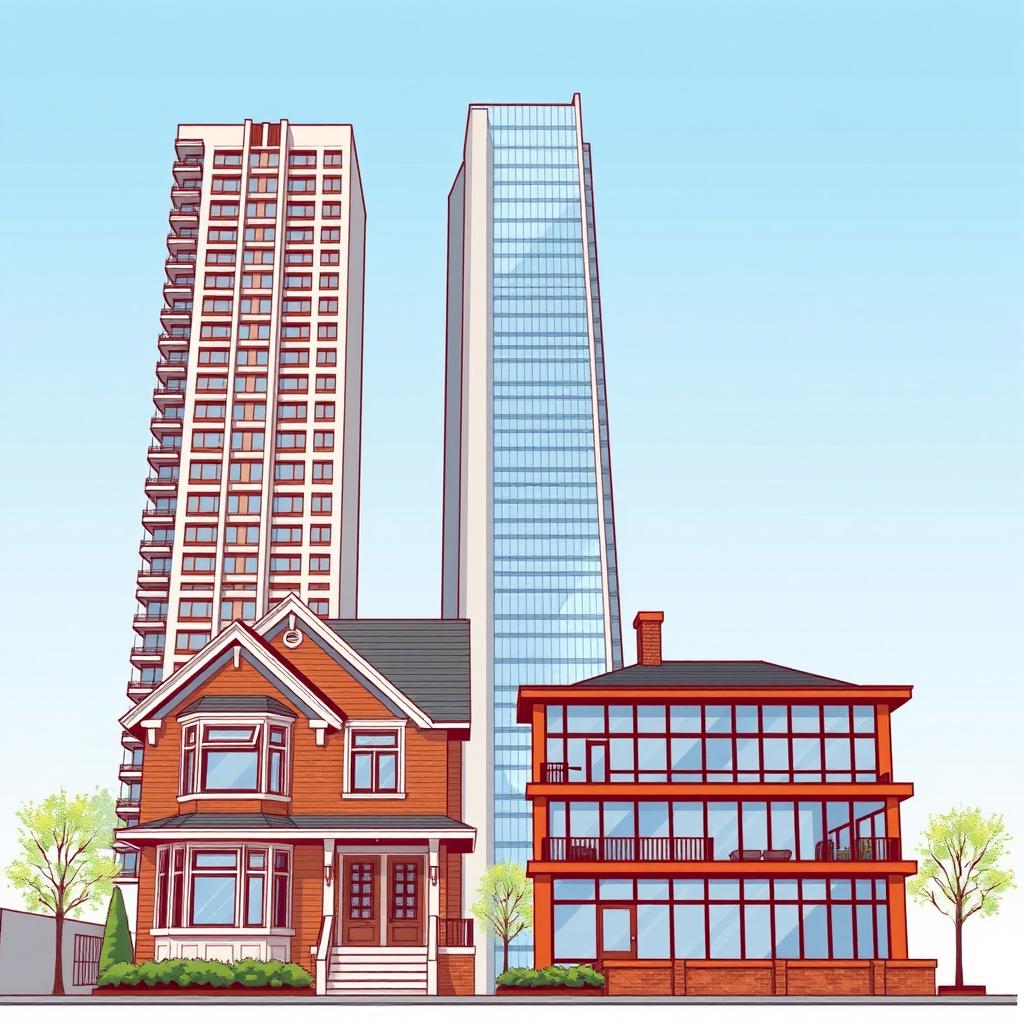 An architectural illustration featuring a tall house, a taller building, and the tallest skyscraper, all standing side by side