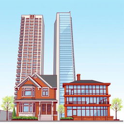 An architectural illustration featuring a tall house, a taller building, and the tallest skyscraper, all standing side by side