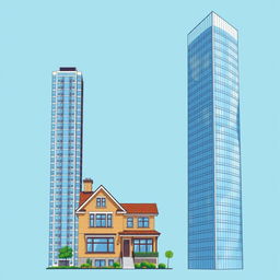 An architectural illustration featuring a tall house, a taller building, and the tallest skyscraper, all standing side by side