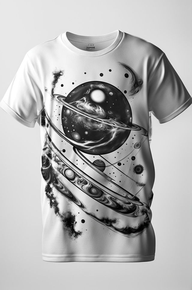 A high-quality 3D rendered image of a black and white graphic tee featuring a minimalist design of Jupiter