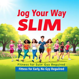 An appealing and vibrant book cover design for 'Jog Your Way Slim: Fitness for Everyone, No Gym Required'