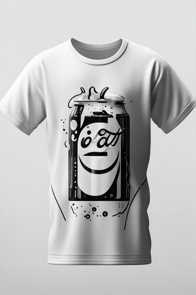 A high-quality 3D rendered image of a black and white graphic tee featuring a minimalist design of a soda can