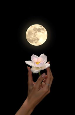 A mystical scene featuring a person with elegant hands gently holding a beautiful flower under a full moon