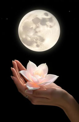 A mystical scene featuring a person with elegant hands gently holding a beautiful flower under a full moon