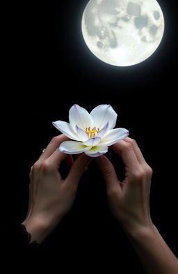 A mystical scene featuring a person with elegant hands gently holding a beautiful flower under a full moon