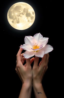 A mystical scene featuring a person with elegant hands gently holding a beautiful flower under a full moon