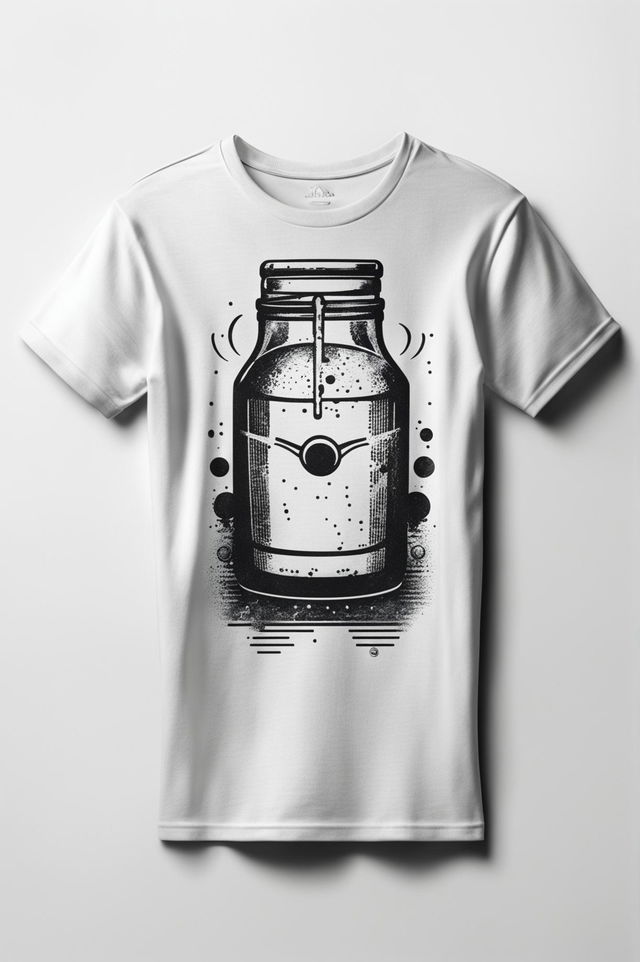 A high-quality 3D rendered image of a black and white graphic tee featuring a vintage design of a milk bottle