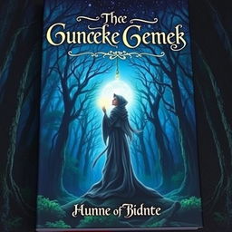 A captivating book cover design featuring an ancient forest with mystical blue and green hues, where towering trees stretch towards a starry night sky
