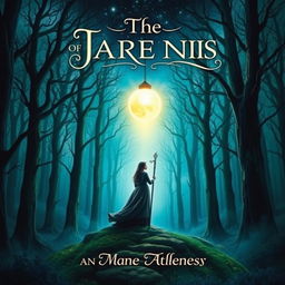 A captivating book cover design featuring an ancient forest with mystical blue and green hues, where towering trees stretch towards a starry night sky